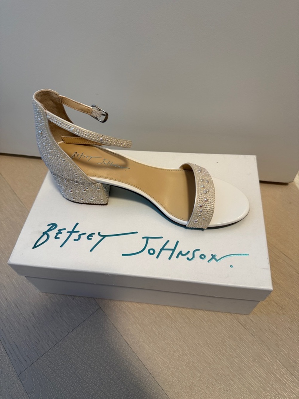Betsey Johnson Ivory Crystal-Embellished Block Heel Sandals